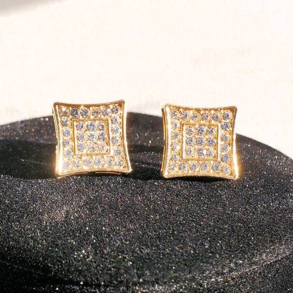 Mens 2ct Diamond 18K Gold Square Earrings Studs Silver Guys Jewelry 2 ct 18 K - Picture 5 of 7